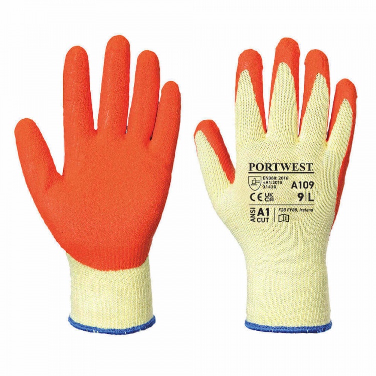 Portwest A109 - Premium Quality Latex Palm Dipped Grip Glove in Polyester Cotton (Retail Pack)